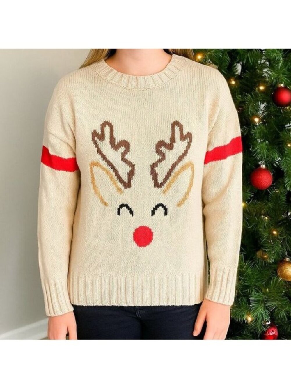 Made With Love Reindeer Holiday Tan Drop Sleeves Pullover Sweater Size Small NWT